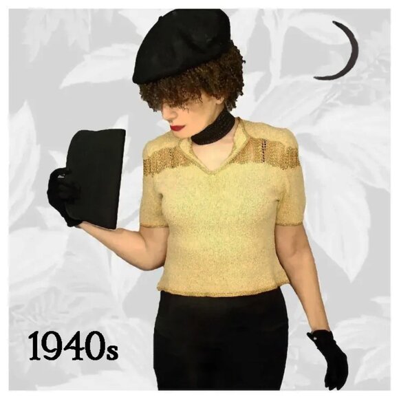 Vintage Cropped Sweater with Metallic Gold, Short Sleeves, 40s Top VFG - Picture 1 of 13